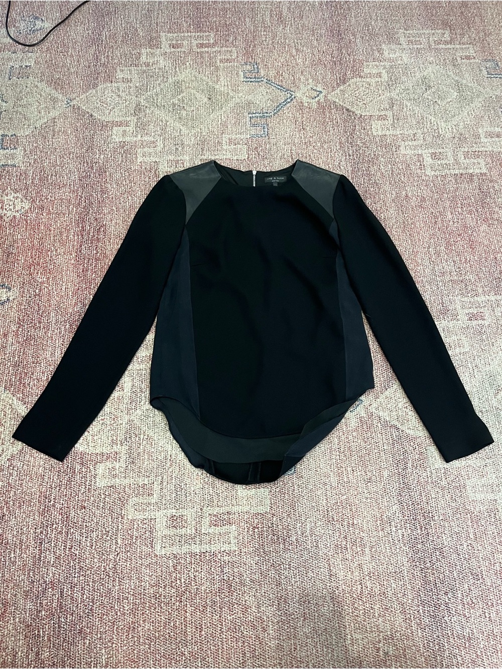 Rag & Bone lamb leather and silk black crew neck long sleeve blouse XS